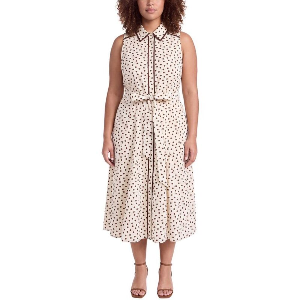 Anne Klein Womens  Plus Midi Godet Shirtdress, White